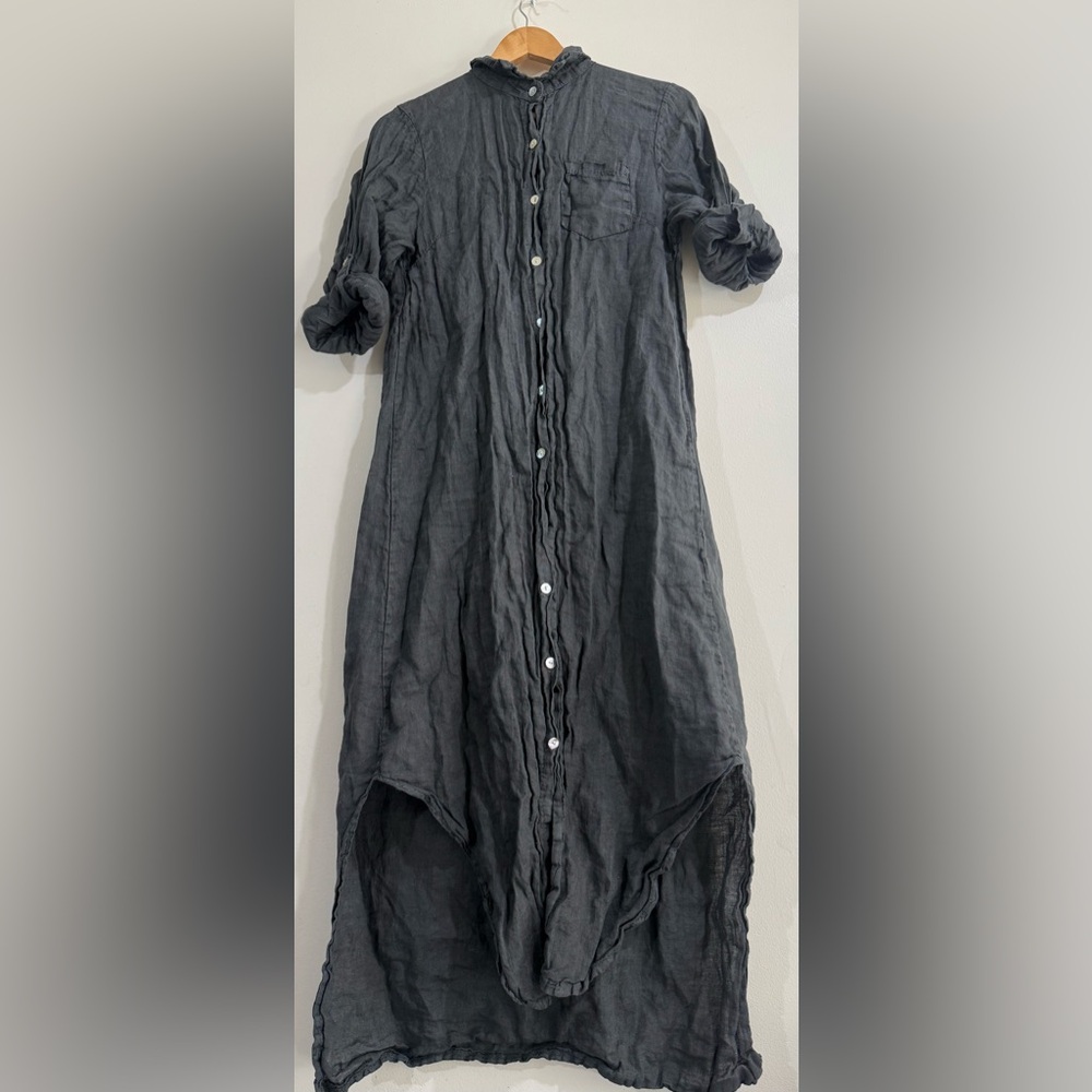 Meo Meli Washed Black High-Low Button-Front Linen Dress